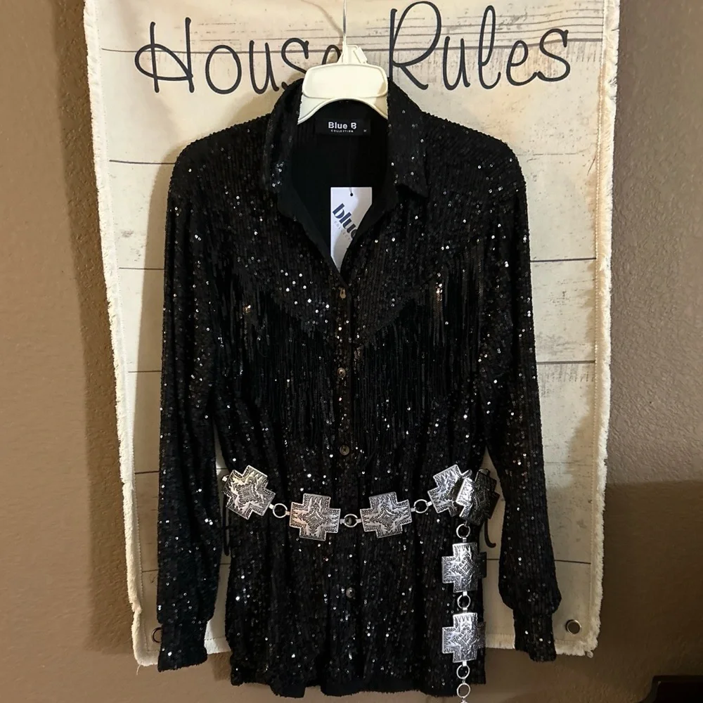BUCKLE Blue B collection MEDIUM Sequin fringe western shirt.BELT SOLD SEPARATELY - Picture 10 of 14